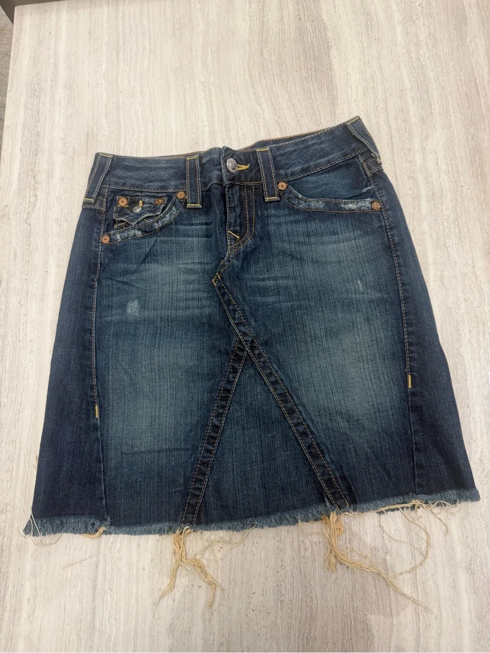 True Religion Dark Blue Denim Midi Skirt 
'World Tour' style with raw hem